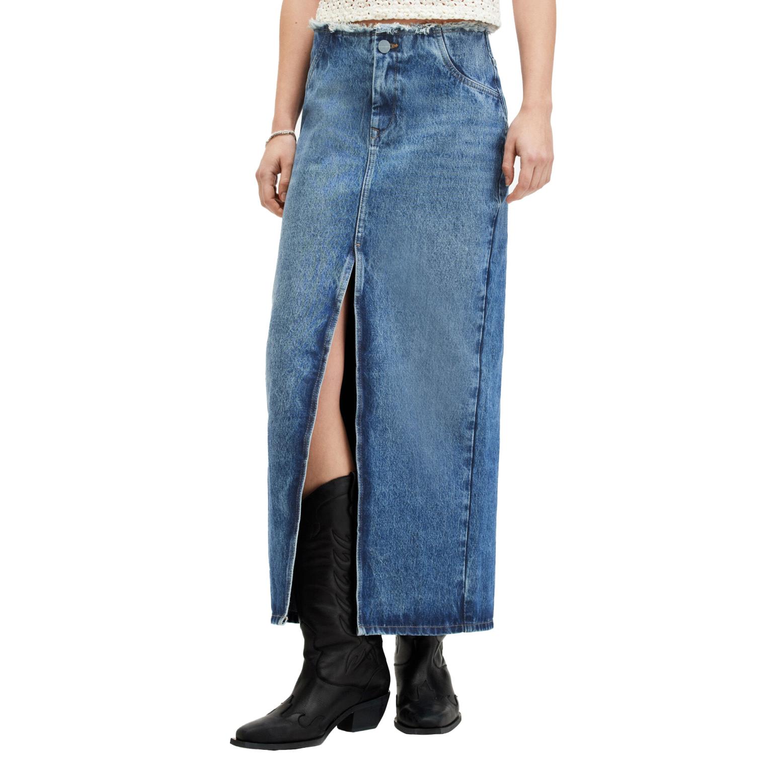 AllSaints Cyra Frayed Waistband Maxi Denim Skirt